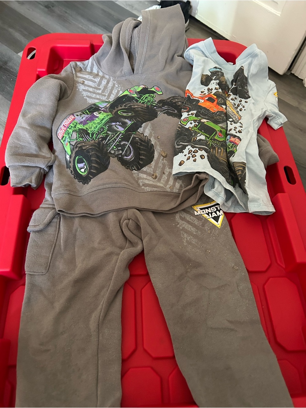 Kids' Monster Jam Gray Sweatpants & Hoodie Set with Green Truck Graphic